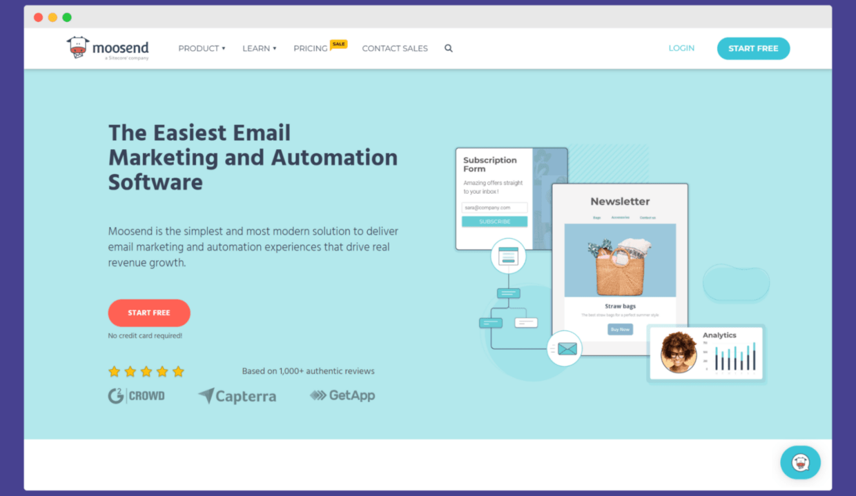 Moosend homepage; one of the email list management software