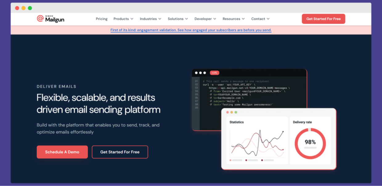 Mailgun homepage; one of the email list management software