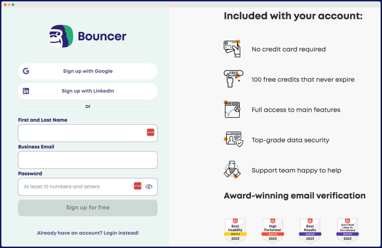 Bouncer sign up panel