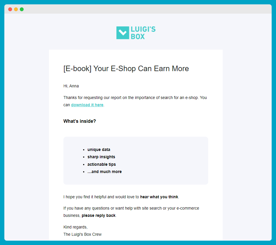 e-mail di consegna automatica dei contenuti