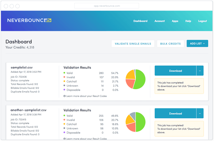 Neverbounce dashboard