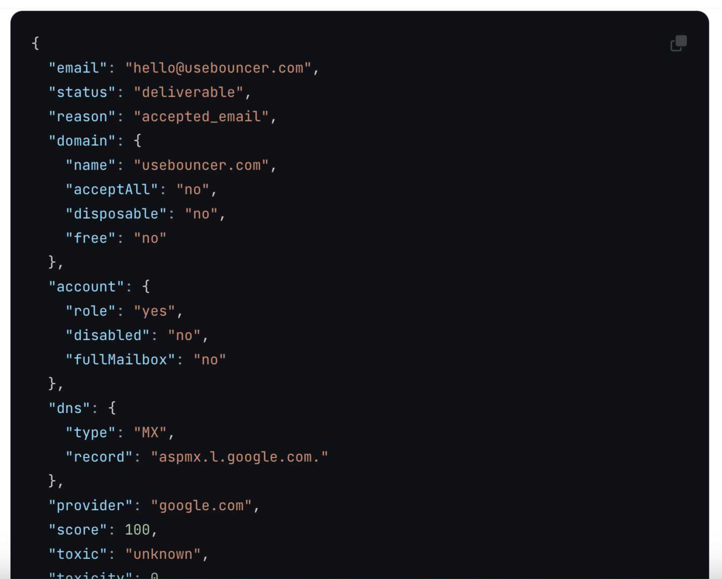 API-et er også basert på kode, og det hjelper deg med å finne gyldige e-postadresser i sanntid.