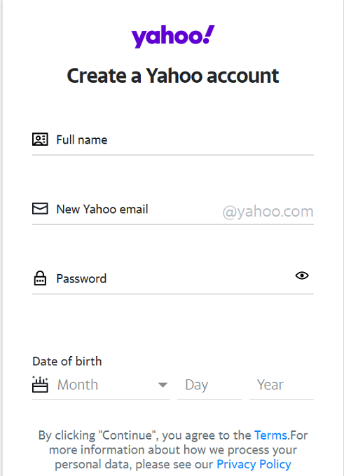 процесс создания учетной записи Yahoo