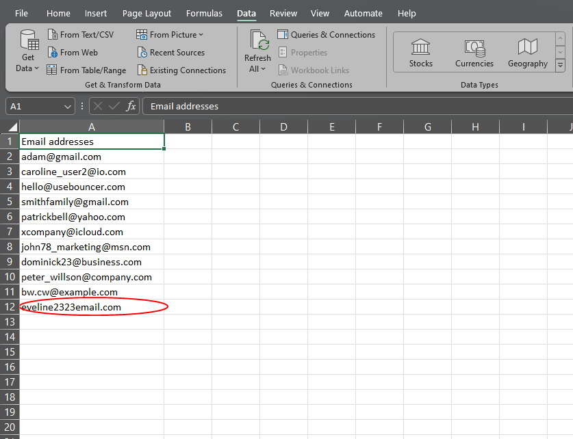επικύρωση email στο excel