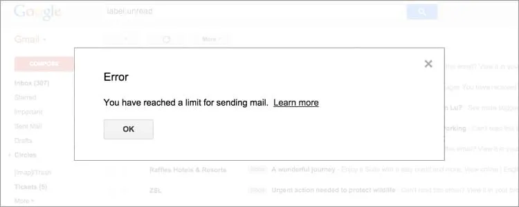 Límites de envío de Gmail - error