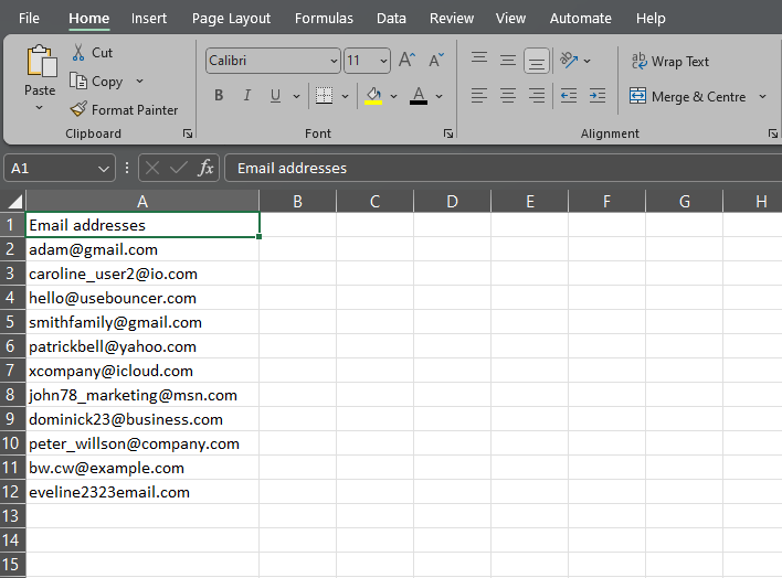 επικύρωση email στο excel
