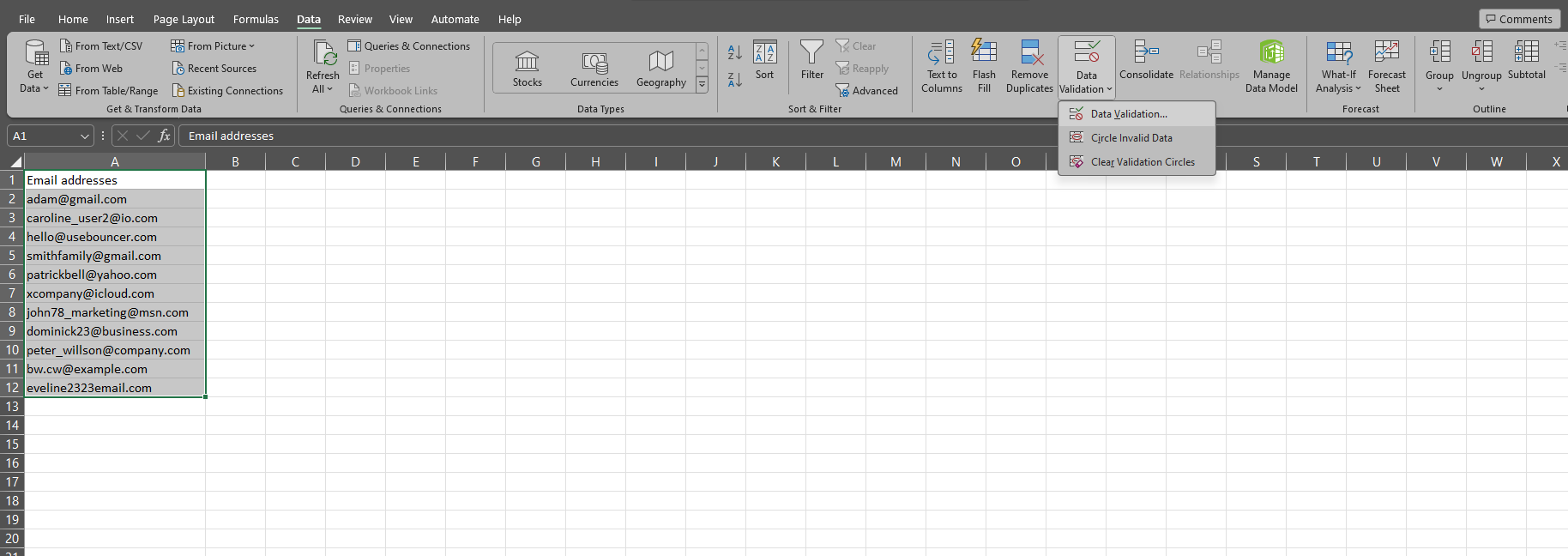 επικύρωση email στο excel