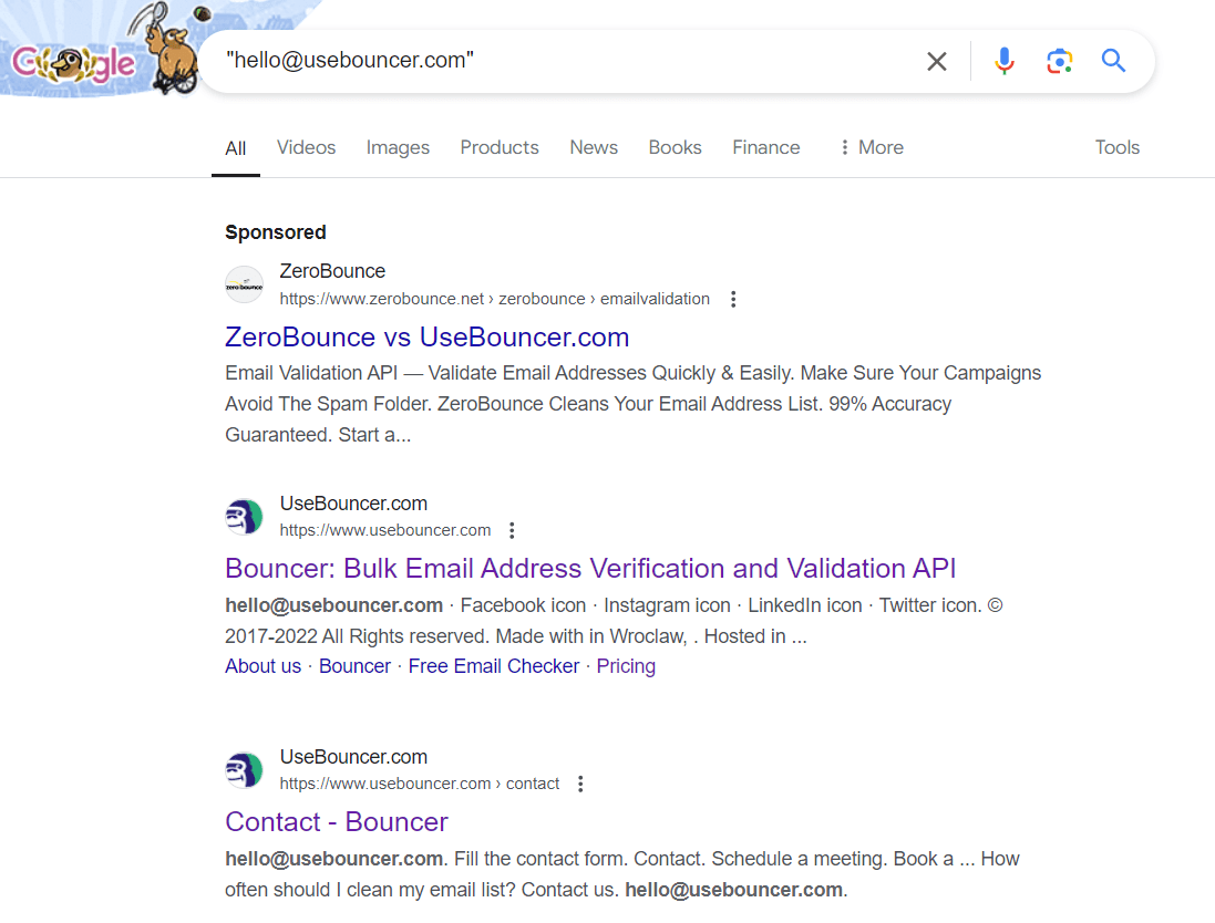 Search engine results page showing listings for email validation services