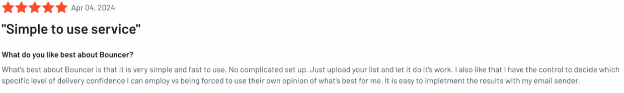 Bouncer user review about its simplicity and efficiency