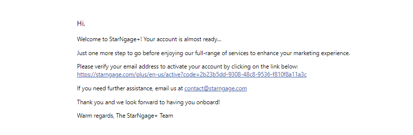 StartNgage welcome email