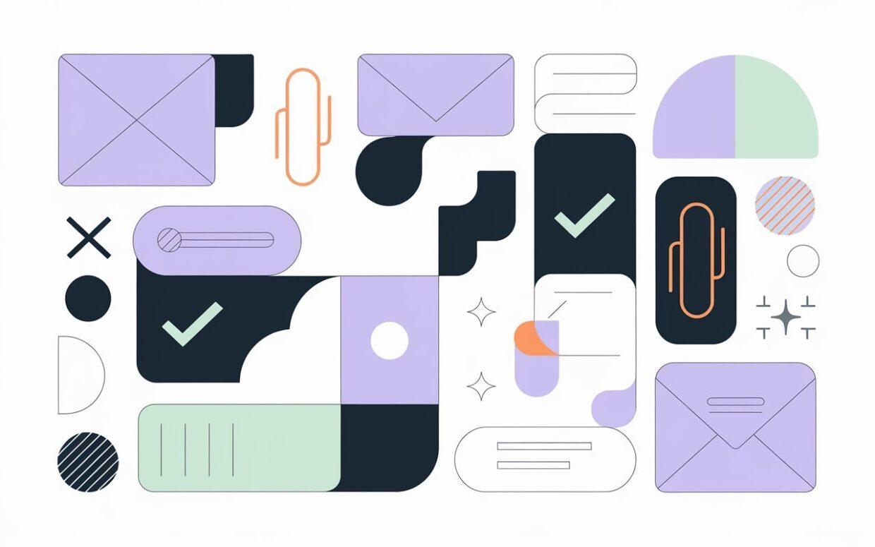 A collection of abstract icons and shapes, including envelopes, checkmarks, paperclip icons, and various geometric designs, all arranged in a scattered, organized pattern on a white background.