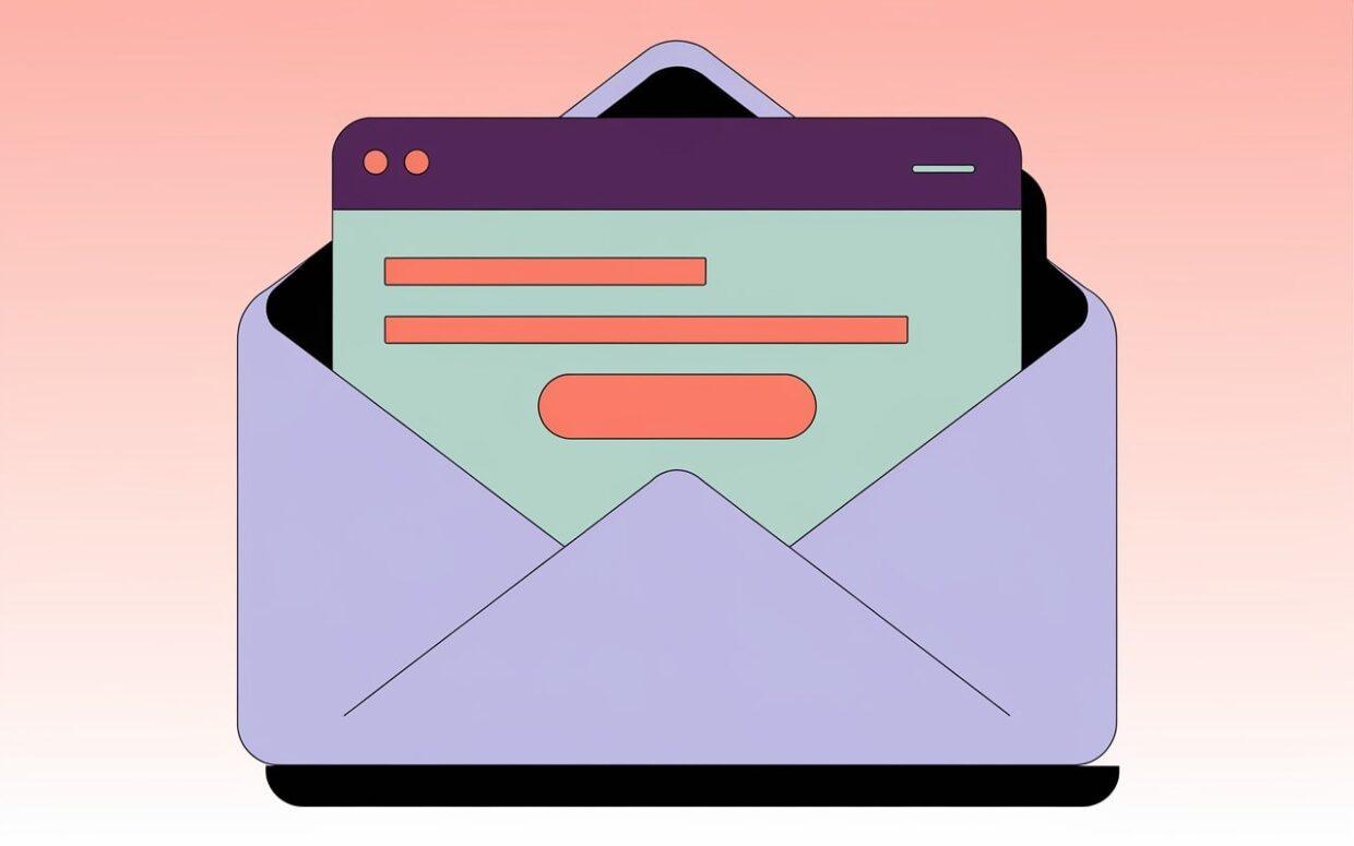 An envelope icon with a browser window or form emerging from it, featuring colored shapes representing text fields and a button, set against a gradient background.