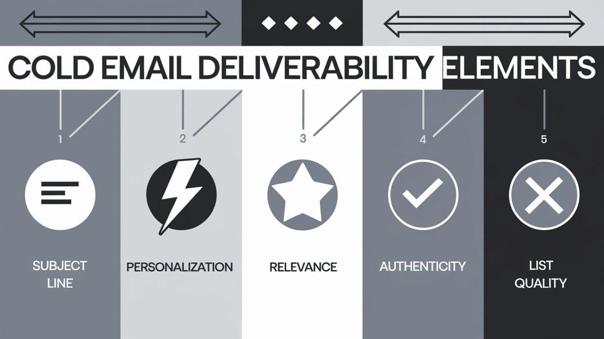 Visual breakdown of key cold email deliverability elements: subject line, personalization, relevance, authenticity, and list quality.