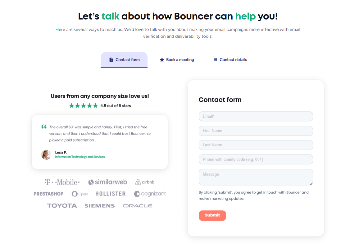 Bouncer contact page