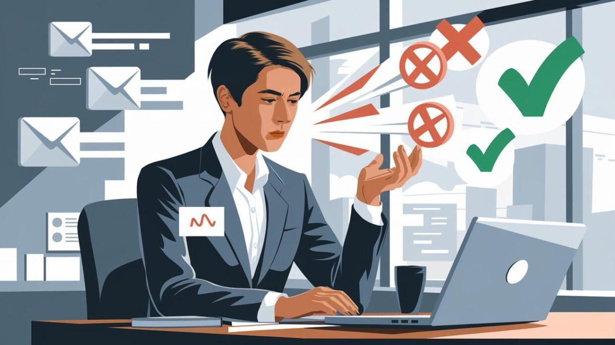 Business professional analyzing cold email outcomes, balancing between successful and rejected messages.