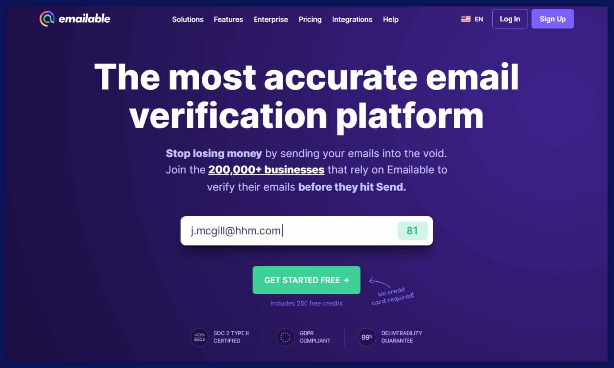 Emailable email verification homepage