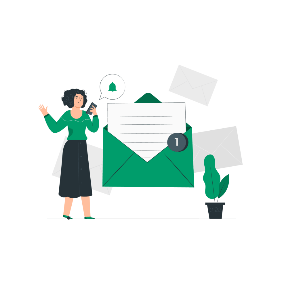 A woman next to email message; CRM data verification with an data analysis and data security measures is needed to maintain clean CRM and ensure data accuracy.