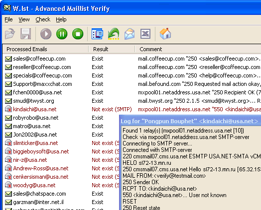 Advanced Maillist Verify Screenshot 1, with outdated UI and features, making you not sure if shows non existing addresses or existing ones.