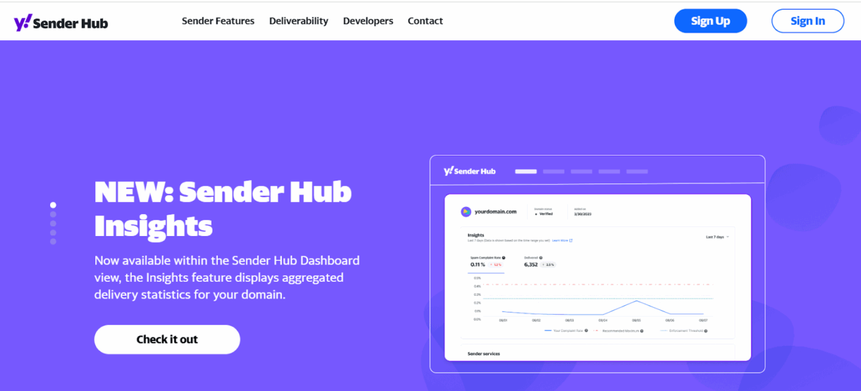 Sender Hub homepage.