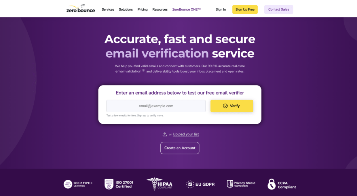 ZeroBounce's website - NeverBounce alternatives.