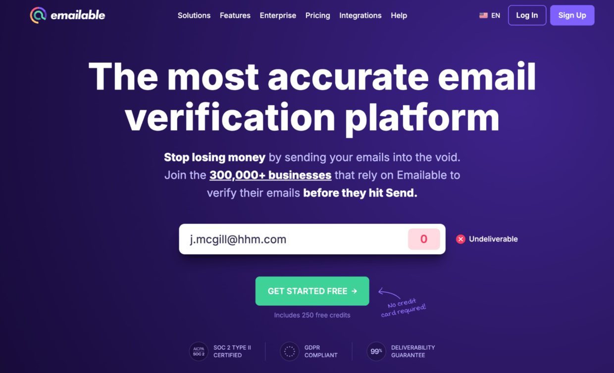 Emailable's main page.