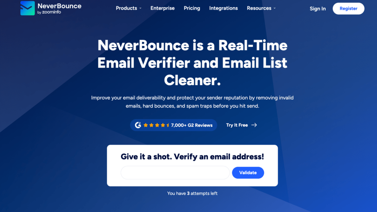 NeverBounce's main page, one of the Kickbox alternatives.
