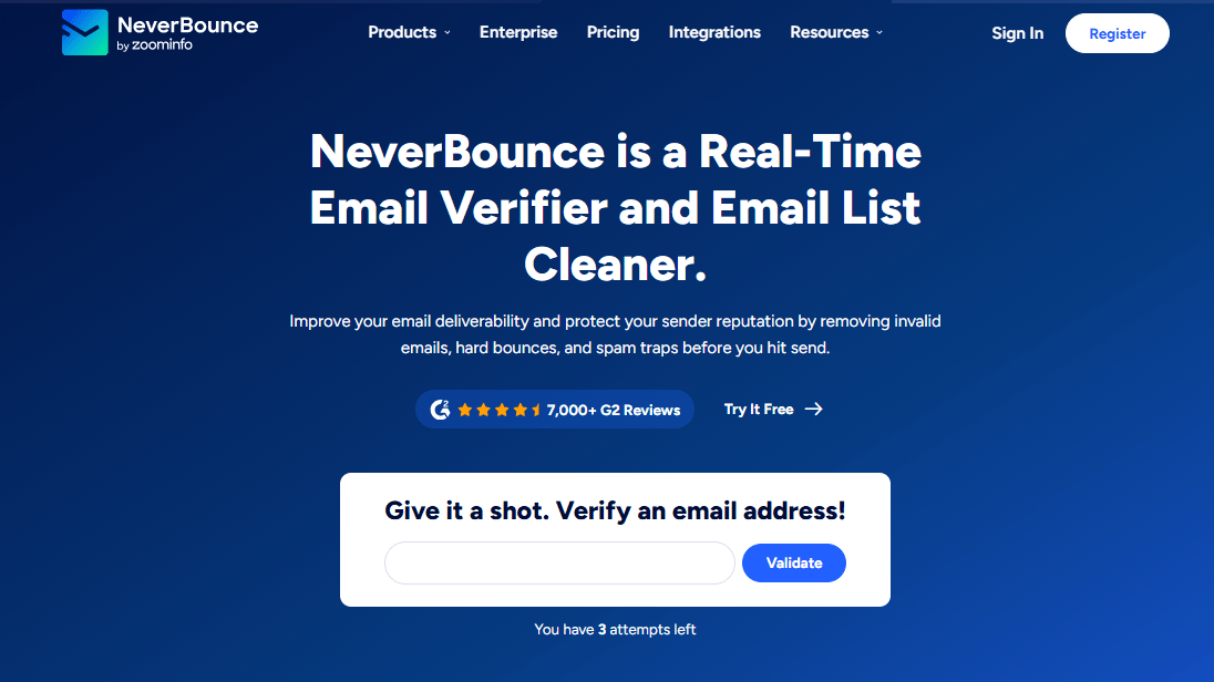 NeverBounce main page.