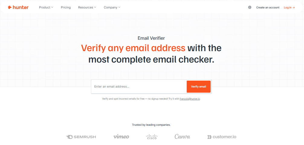 Hunter Email Verifier main page.
