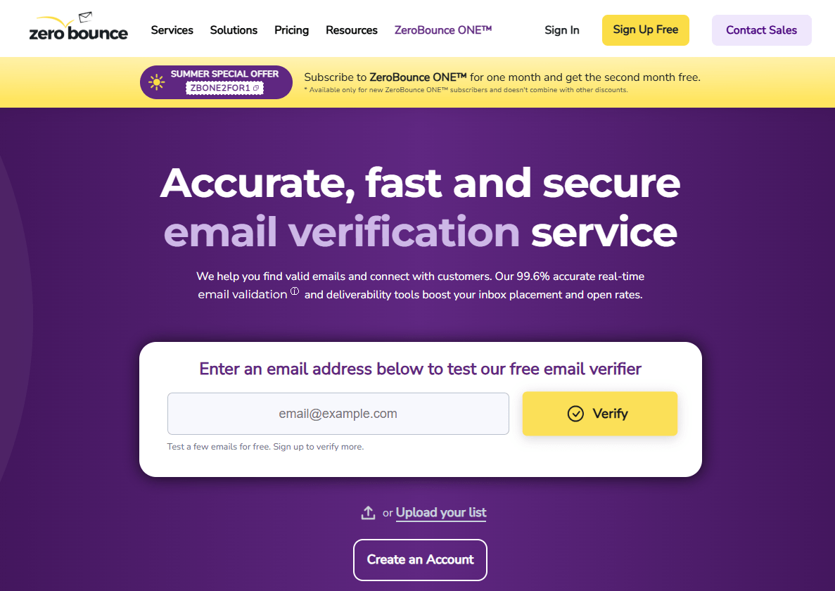 ZeroBounce main page.